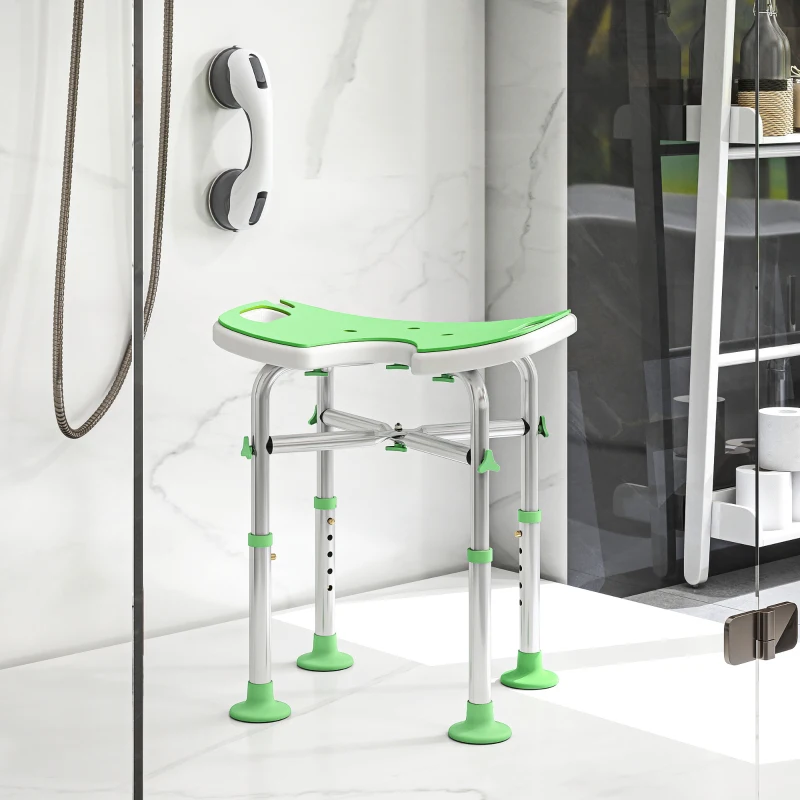 HOMCOM Taburet de duș, Înălțime reglabilă 39-51,5 cm, Bară de sprijin cu ventuze, Piciorușe cu ventuză, Verde