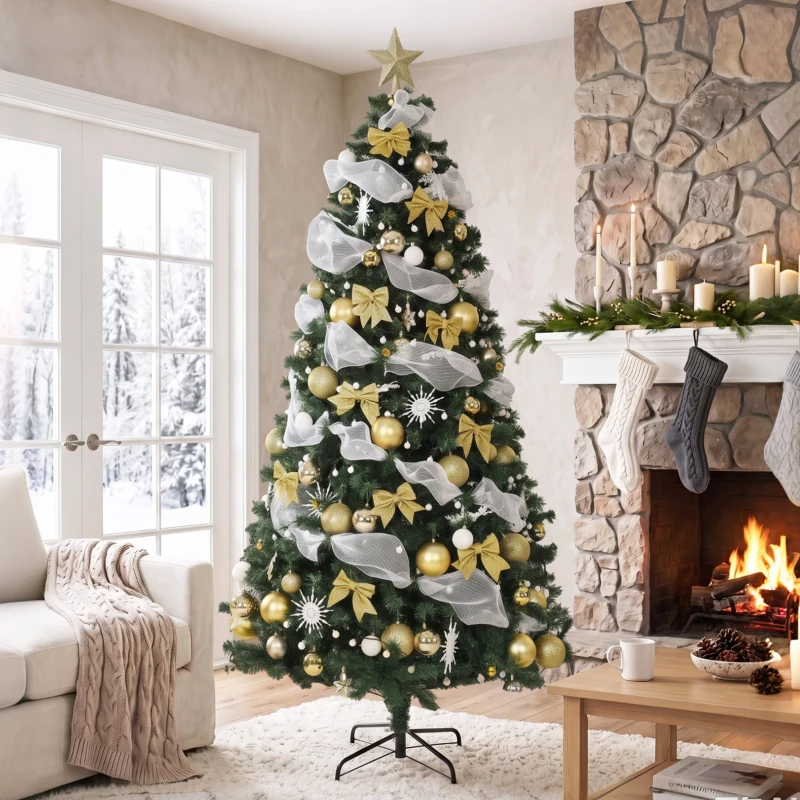 HOMCOM Weihnachtsbaum 230 cm mit 250 LEDs, 1136 Zweige, 8 Modi, Kugeln, Bänder und Schleifen, Fernbedienung und klappbarer Basis, Grün