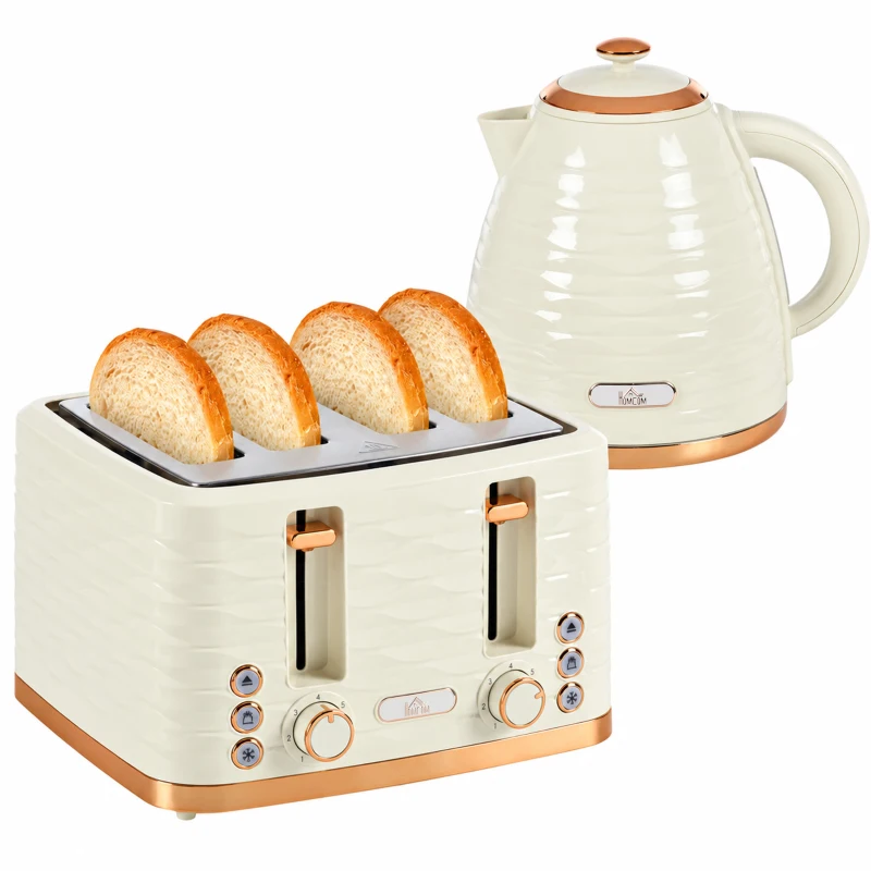 HOMCOM 2-in-1 Broodrooster en Waterkoker Set, 7 Bruningsniveaus, Ontdooi- en Opwarmfunctie, Beige