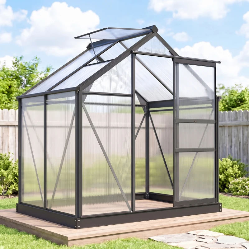 Outsunny Serre de jardin polycarbonate 190 x 132 x 201 cm résistant aux UV 30+ fondation renforcé gouttière gris