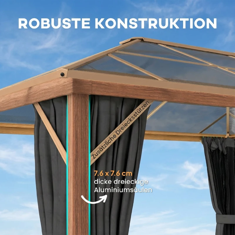 Outsunny Gartenpavillon ca. 4x3m Aluminium Pavillon mit Polycarbonat-Dach 6 mm Moskitonetz 4 Seitenteile Holzoptik Naturholz