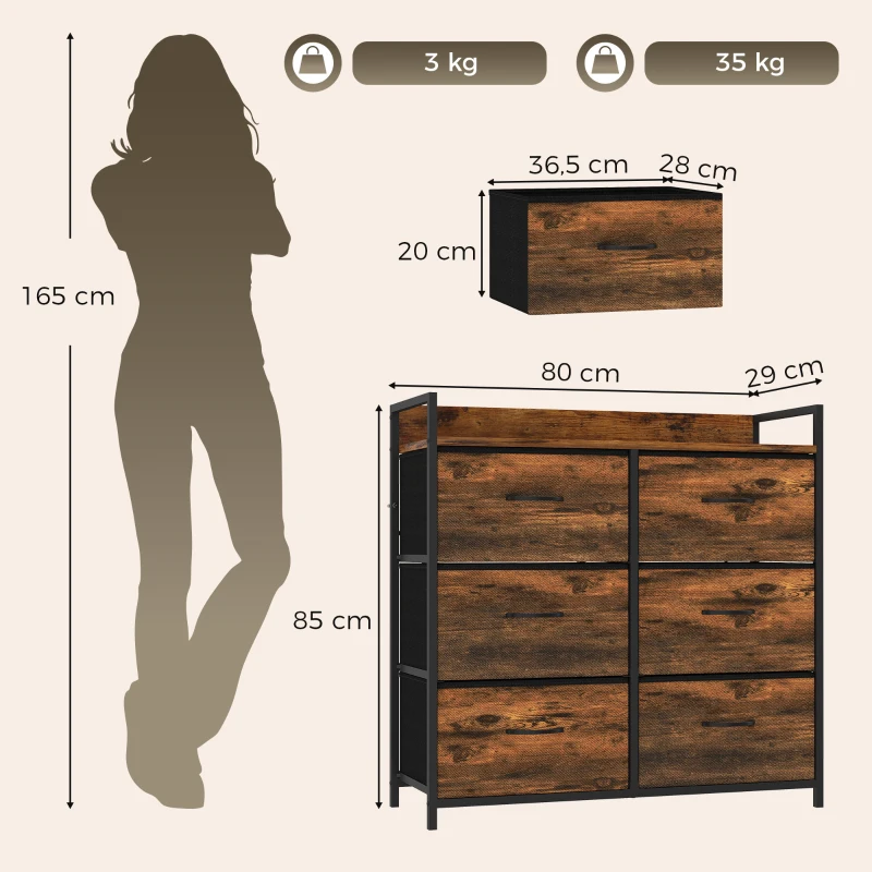 HOMCOM Cómoda con 6 Cajones Plegables Cajonera de Tela con Estructura de Acero Estilo Industrial 79x29x85 cm Marrón Rústico