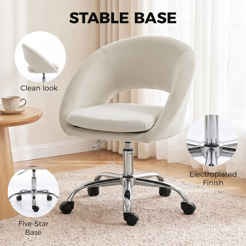 HOMCOM Velvet Desk Chair, Modern Office Chair with Height-Adjustable, Wheels, for Home Study Bedroom, Cream