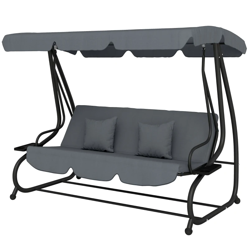 Outsunny Balancelle de jardin 3 places convertible toit inclinaison réglable 2 tablettes 2 x 1,2 x 1,64 m acier gris foncé
