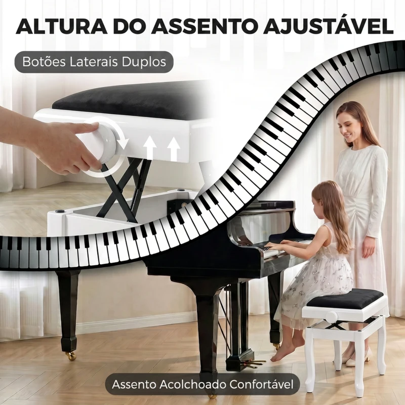 HOMCOM Banco para Piano Regulável 45-56 cm com Assento em Veludo, Pés em Madeira, até 120 kg, Branco