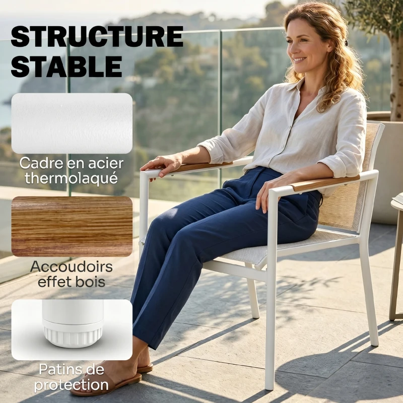 Outsunny Salon de Jardin 4 Pièces en Textilène, Canapé, 2 Fauteuils, Table Basse avec Plateau en Métal, 106x70,5x77cm, Crème