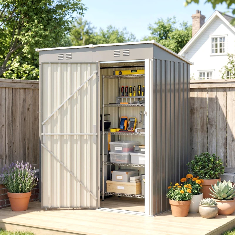 Outsunny Abri de Jardin en Métal Adossable 2 Grilles d'Aération Toit Incliné Anti-UV 163x90x179cm Gris Clair