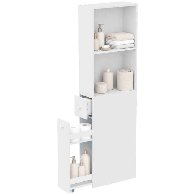 HOMCOM Dulap Baie Slim cu Organizator Glisant pe Roți, Sertar și Raft Reglabil, MDF, 18 x 40 x 135 Cm, Alb