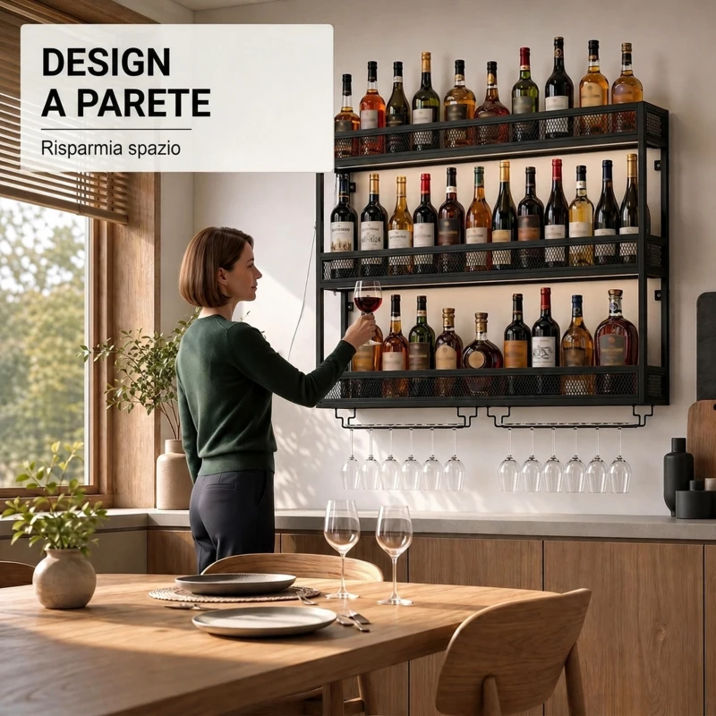 HOMCOM Portabottiglie da Parete con Luci LED e Porta Calici Stile Industriale, 100x15x80 cm, Nero