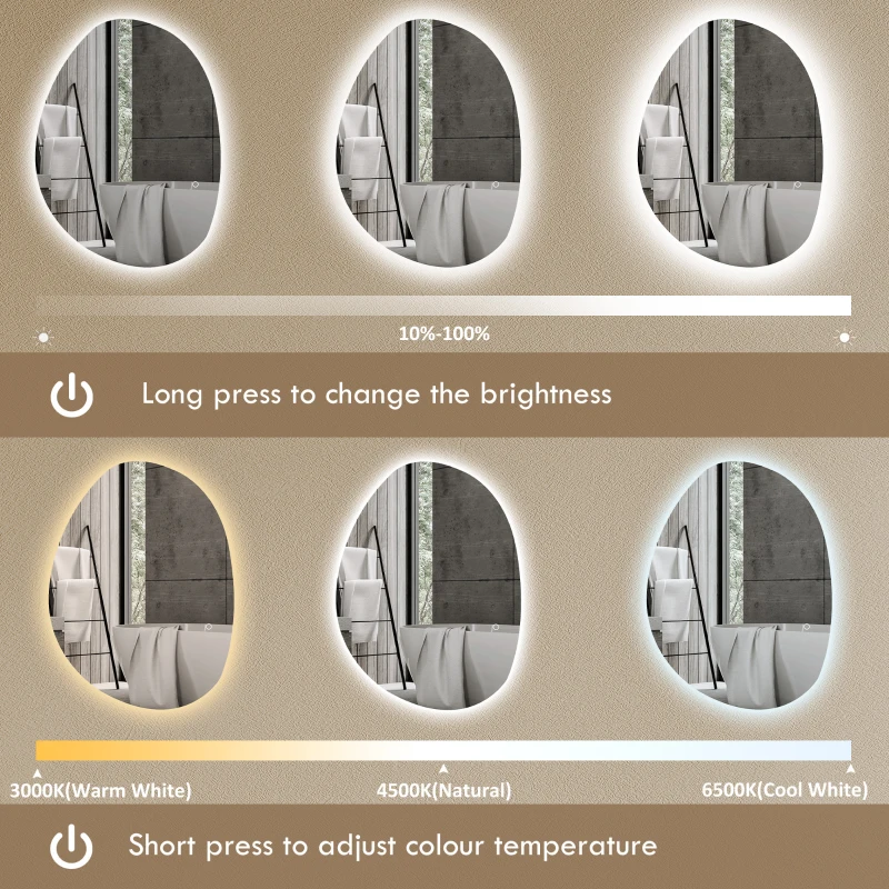 HOMCOM 70x50cm Bathroom Mirror with LED Lights, 3 Colours Dimmable, Anti-Fog, Memory & Touch Switch, IP44