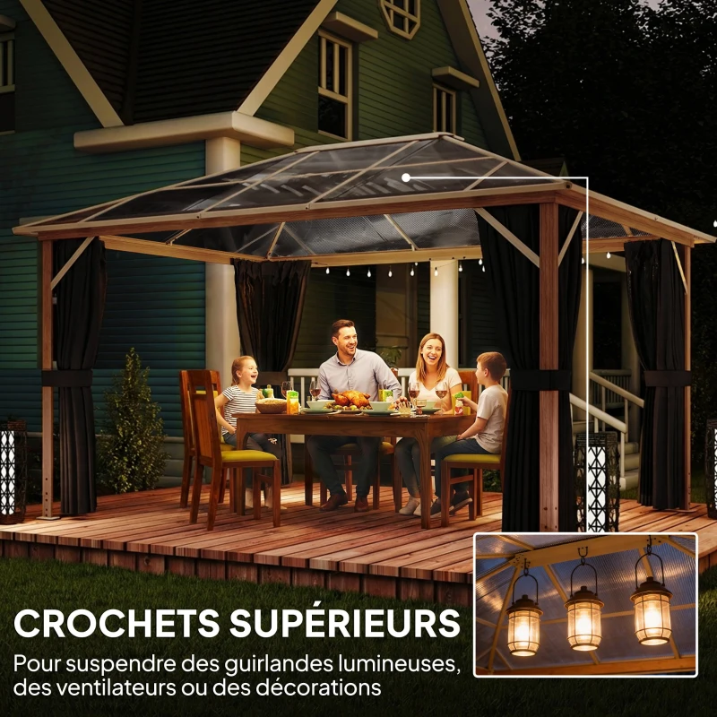 Outsunny Tonnelle de Jardin Pavillon Extérieur Aspect Bois Toit Rigide en Polycarbonate UV50+ Imperméable 398x298x262cm Naturel