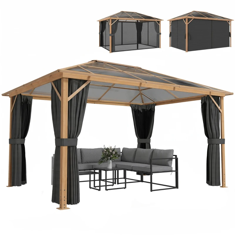Outsunny Gartenpavillon ca. 4x3m Aluminium Pavillon mit Polycarbonat-Dach 6 mm Moskitonetz 4 Seitenteile Holzoptik Naturholz
