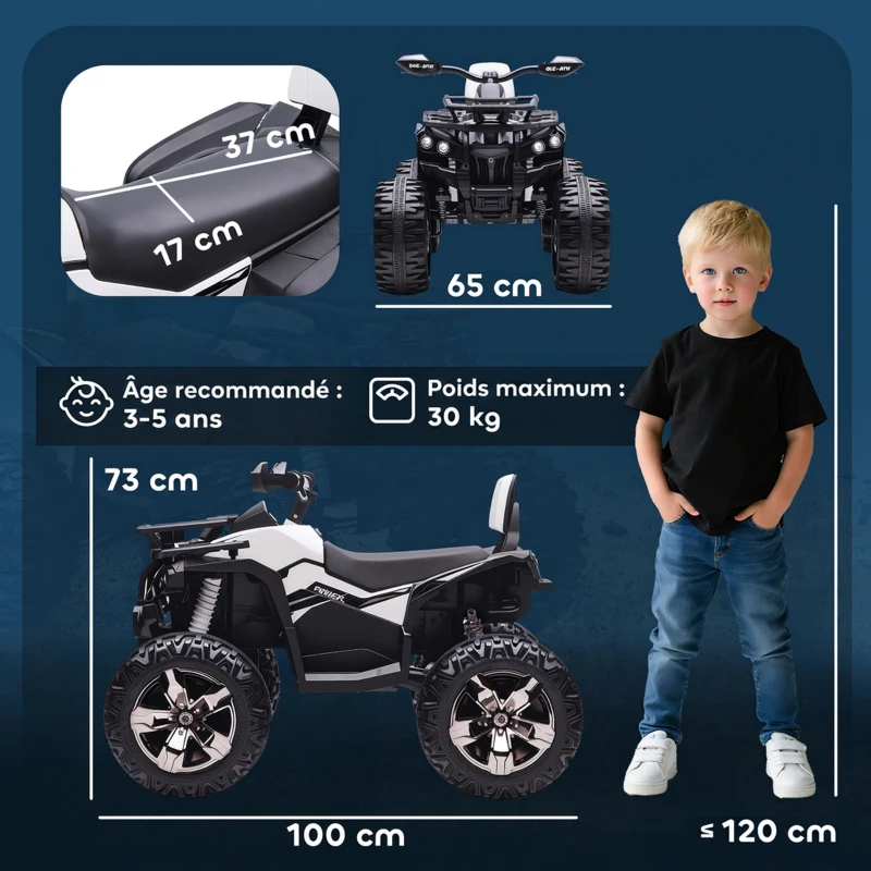 HOMCOM Quad Buggy électrique Enfant 12 V 8 Km/h Max. Voiture électrique Enfant avec Effets Lumineux sonores métal PP Blanc Noir