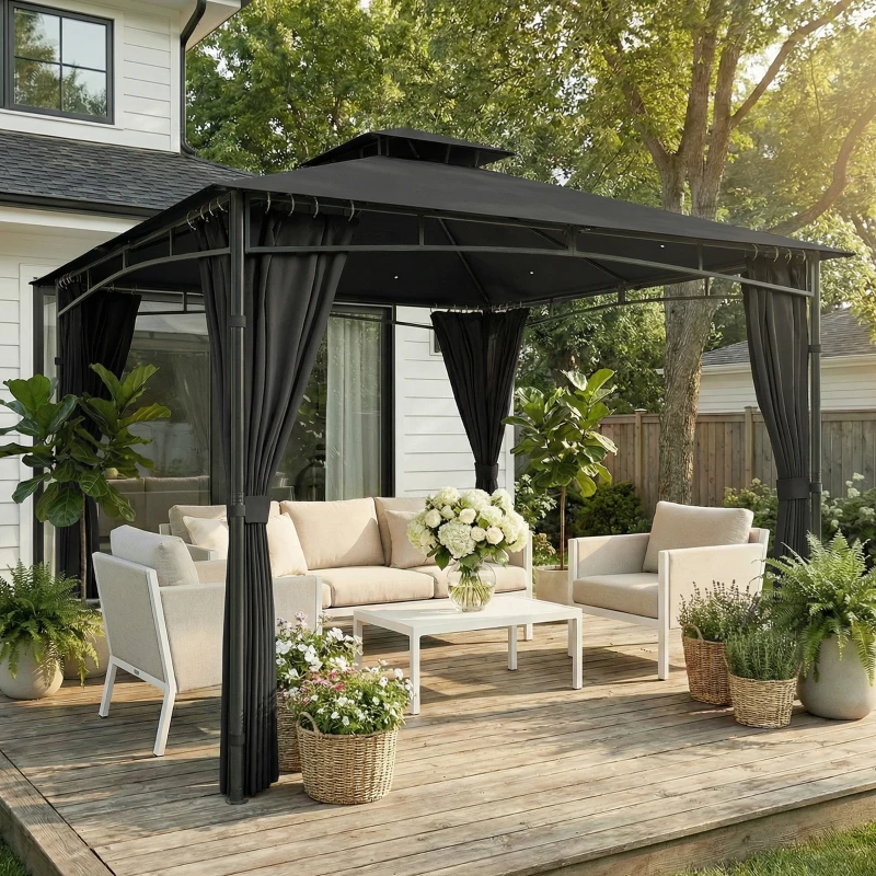Outsunny Tonnelle de Jardin Extérieur Cadre de Toit Rétractable et Double Toit UV50+Imperméable 3x3m Gris Anthracite
