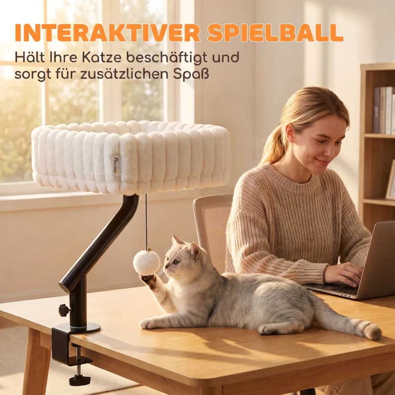 PawHut Katzen-Schreibtischbett, Katzenbett für Schreibtisch mit 360°Drehung, Hängeball verstellbare Klemme für Katze unter 6 kg
