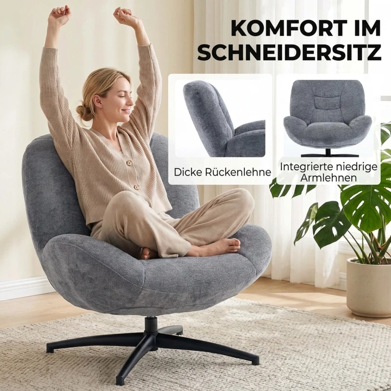 HOMCOM Fotel do salonu obrotowy, fotel lounge z szerokim siedziskiem, wbudowane podłokietniki, efekt chenille, ciemnoszary
