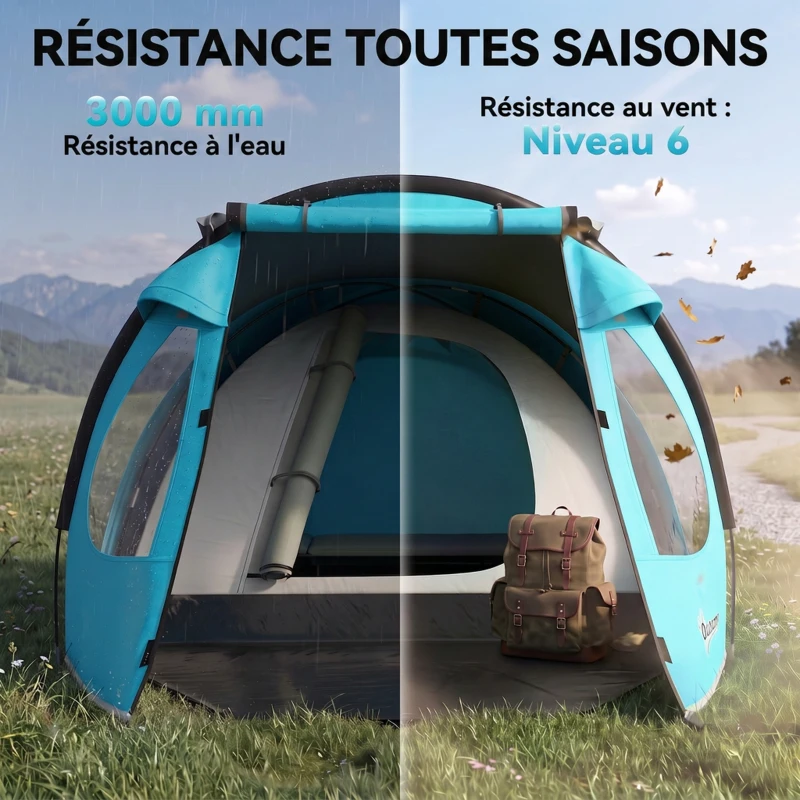 Outsunny Tente de camping 2-3 personnes, tente dôme familiale imperméable, avec fenêtres, poche, sac de transport bleu ciel