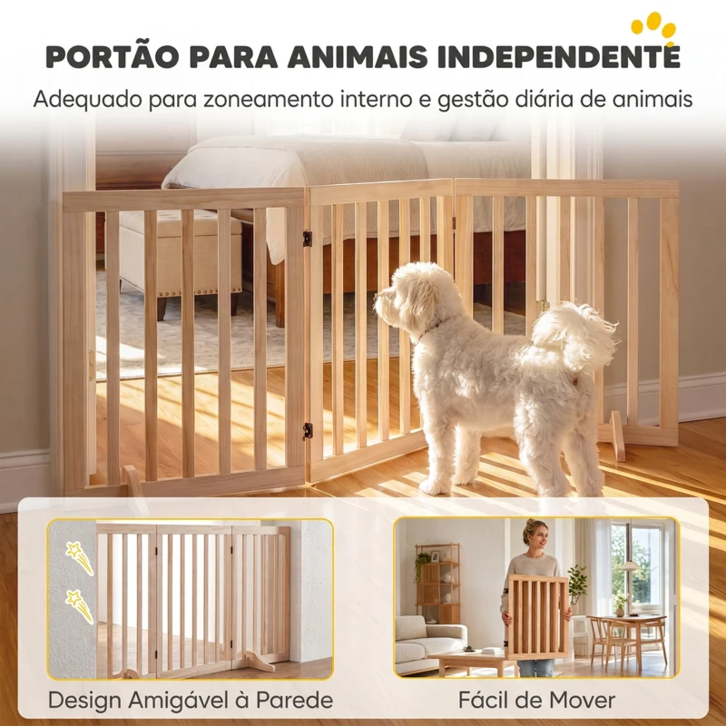 PawHut Barreira de Segurança Dobrável para Cães em Madeira, 3 Painéis, para Escadas e Portas, com 2 Pés de Apoio, 150x61 cm, Natural