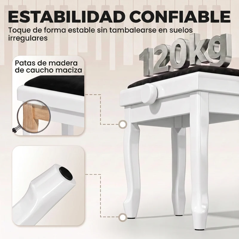 HOMCOM Banco de Piano Altura Ajustable 45-56 cm Banqueta de Piano con Asiento Terciopelo Patas de Madera Carga 120 kg Blanco