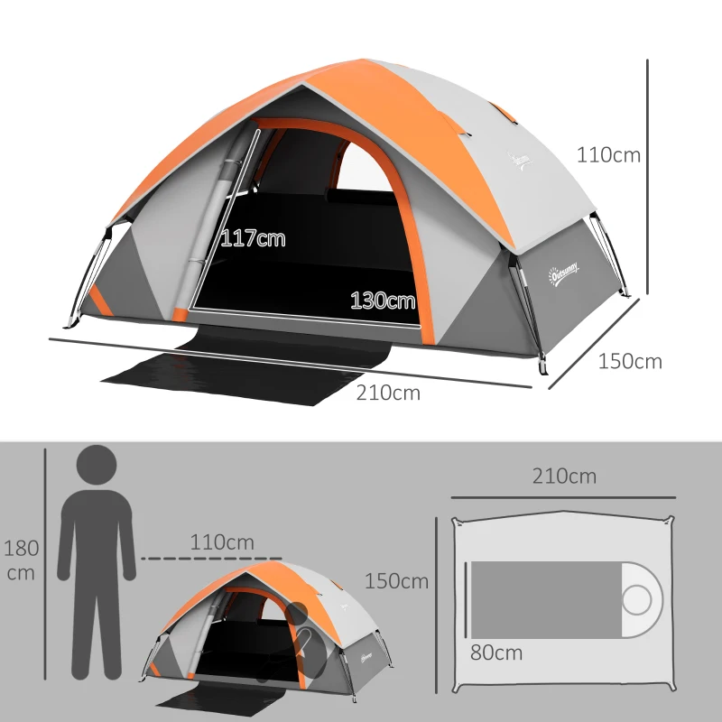 Outsunny Tienda de Campaña Plegable para 2 Personas con Ventana y Bolsa Impermeable 3000 mm 210x150x110 cm Gris y Naranja