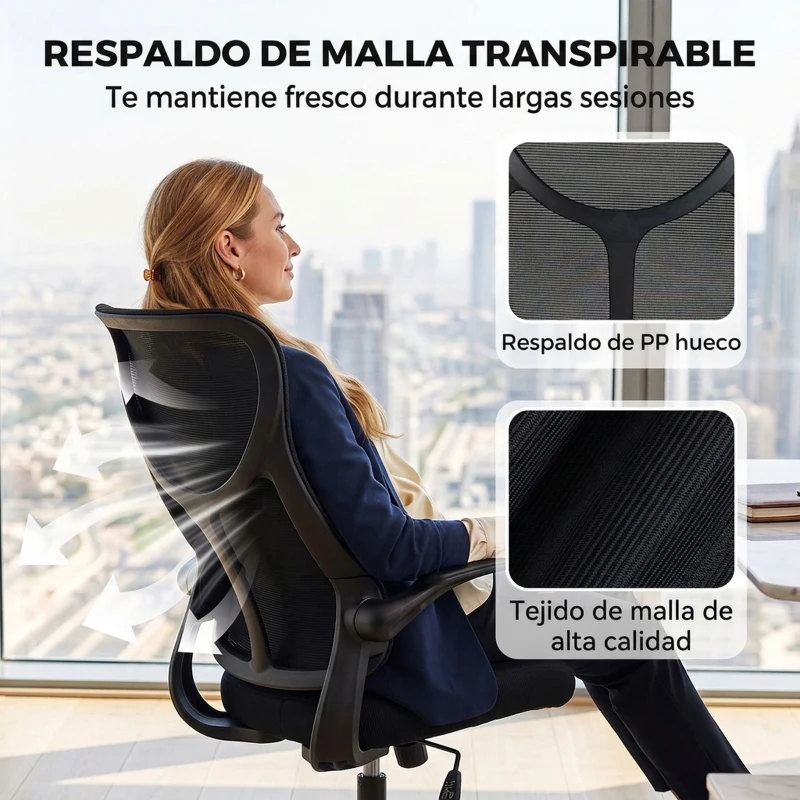 HOMCOM Silla de Escritorio Giratoria de Malla Reposabrazos Abatibles Respaldo Alto Función de Balanceo Altura Ajustable Negro