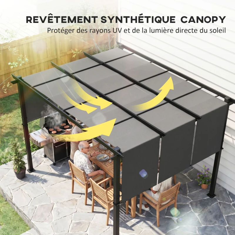 Outsunny Pergola avec 3 toiles coulissantes 3,5 x 3 x 2,35 m structure acier noir toile polyester gris foncé