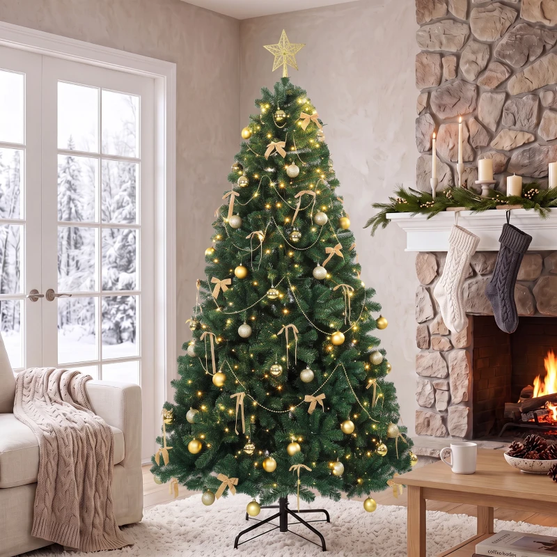 HOMCOM Dekorativer Weihnachtsbaum 230 cm mit 296 LEDs 755 feuerhemmende Zweige Spitze 42 Kugeln 30 Schleifen Deko Gold Grün