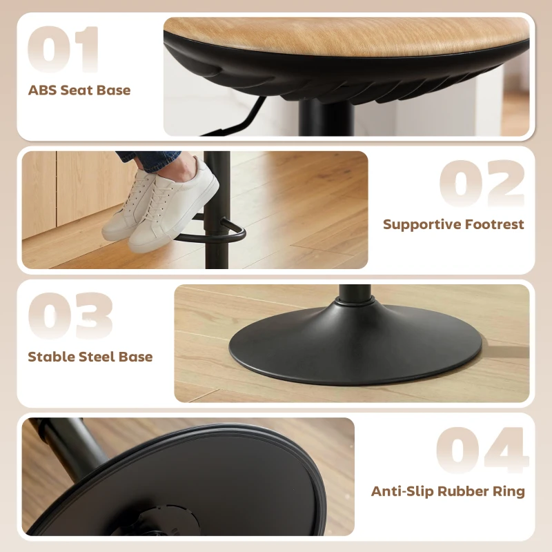 HOMCOM Lot de 2 tabourets de bar, chaises de bar réglables en hauteur avec repose-pieds, pivotant 360°, base en acier, chêne