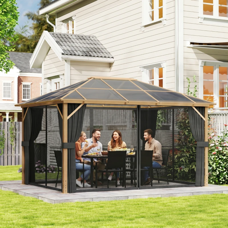 Outsunny Tonnelle de Jardin Pavillon Extérieur Aspect Bois Toit Rigide en Polycarbonate UV50+ Imperméable 398x298x262cm Naturel