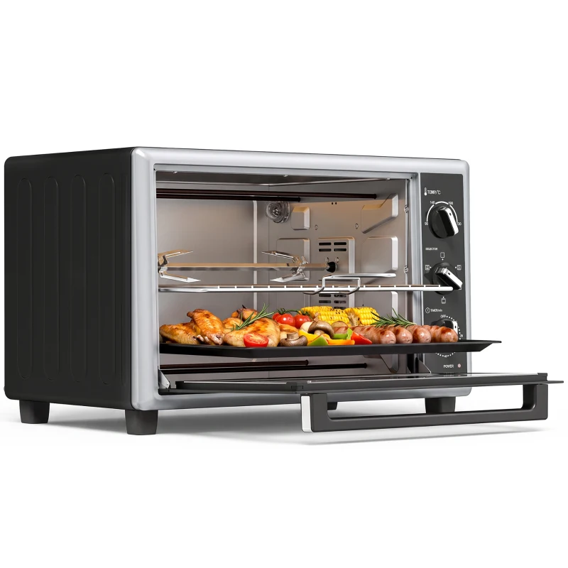 HOMCOM Mini cuptor 46 L cu rotisor, convecție, reglare temperatură și temporizator, 1800 W, Negru