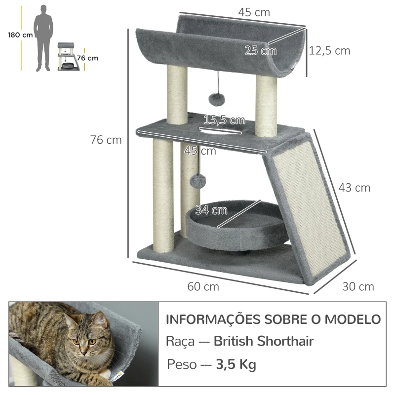 PawHut Arranhador para Gatos Altura 76 cm com 4 Postes de Arranhar Cama Plataforma em U Almofada para Arranhar Cinzento