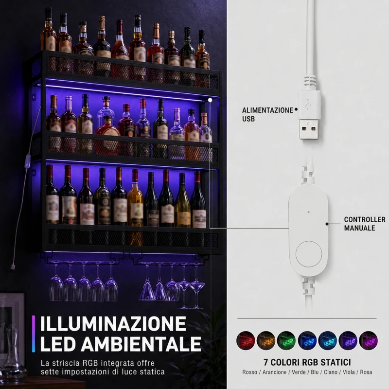 HOMCOM Portabottiglie da Parete con Luci LED e Porta Calici Stile Industriale, 100x15x80 cm, Nero