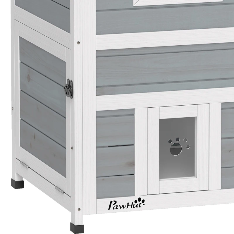 PawHut Wooden Cat House 2-Floor Outdoor Kitten Shelter with 3 Doors and Window Grey