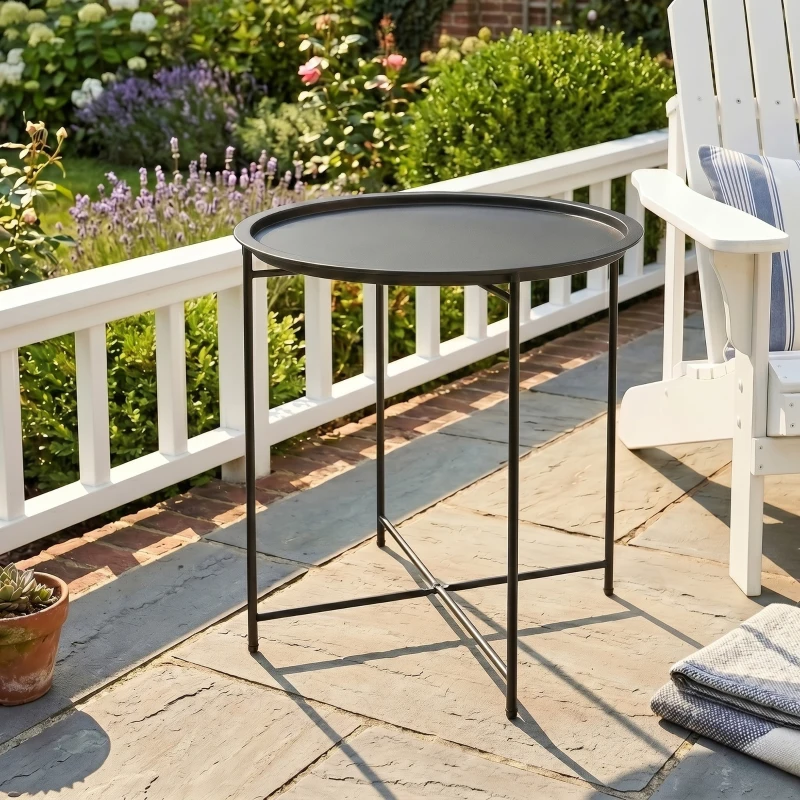 Outsunny Petite table basse ronde table d'appoint plateau amovible avec bord relevé pieds pliables en acier Ø 46 x 53 cm noir
