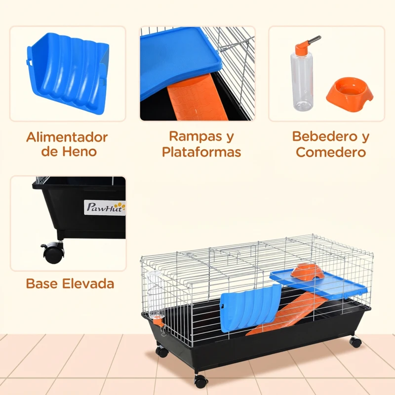 PawHut Jaula para Animales Pequeños, Jaula para Roedores con Ruedas, Botella de Agua, Comedero, Dispensador de Heno, Plataforma, Rampa, Bandeja Extraíble, para Conejos y Cobayas, 89x44x43 cm, Negro