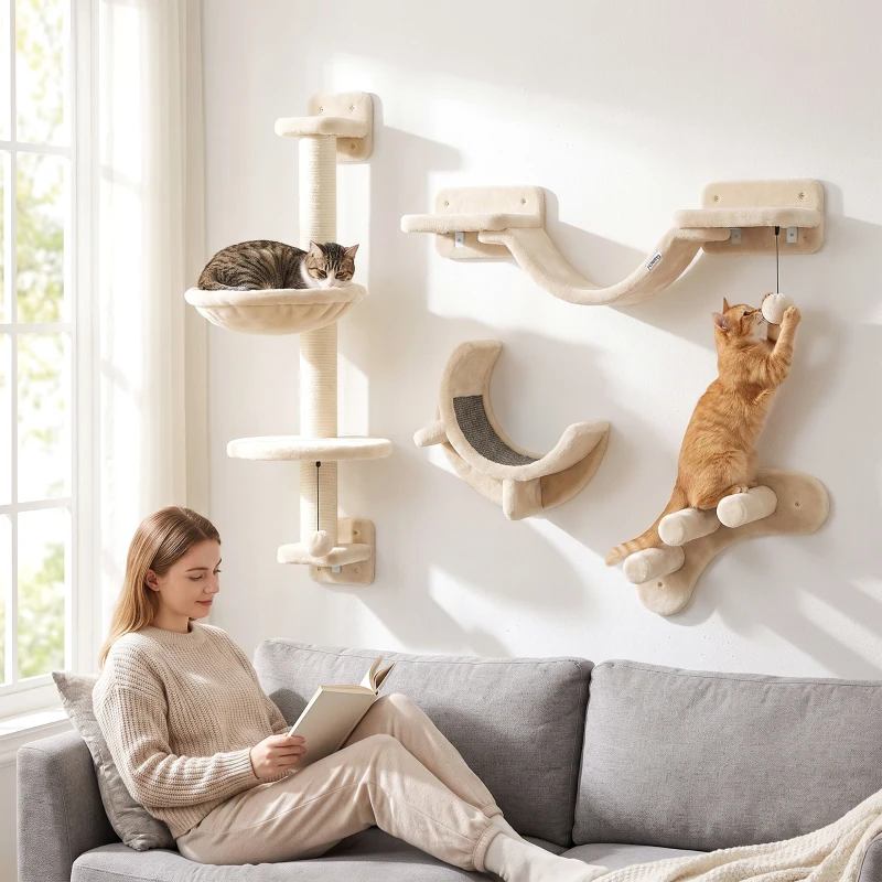 PawHut Four-Piece Cat Wall Furniture, with Hammock, Ladder, Platforms, Steps, for Indoor Use - Beige