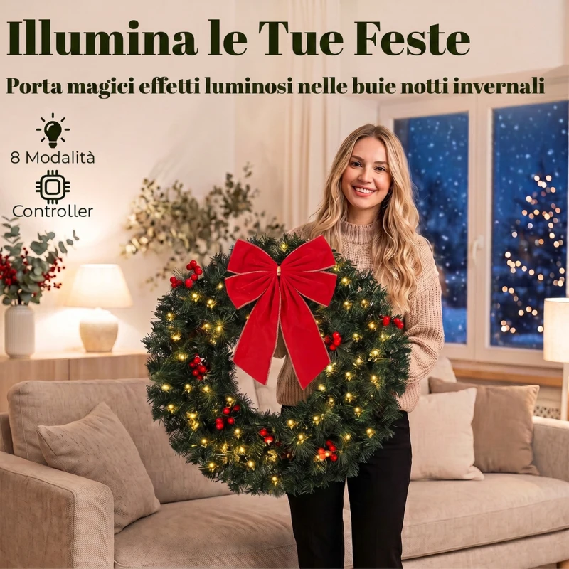 HOMCOM Ghirlanda Natalizia da 60 cm con Luci LED 8 Modalità, Fiocco, 140 Rami, Pigne e Bacche, Verde