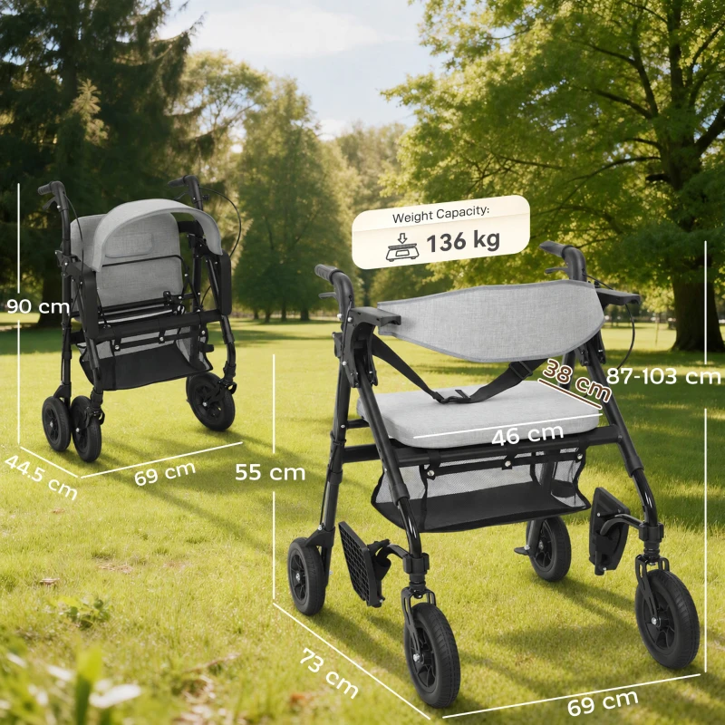 HOMCOM Rollator Walker Wheelchair, with Seat - Grey