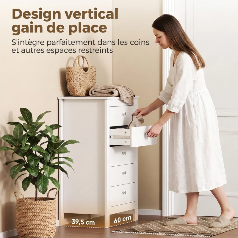 HOMCOM Commode 5 Tiroirs, Meuble de Rangement avec Glissières Fluides, Chiffonnier, Style Moderne, 60 x 39,5 x 95,3 cm, Blanc