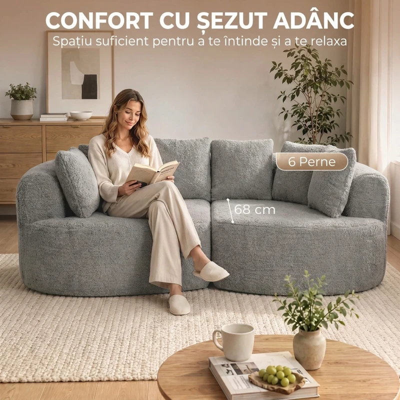 HOMCOM Canapea 3 locuri fără cadru, cu șezut amplu, 6 perne, design curbat, din chenille, gri deschis