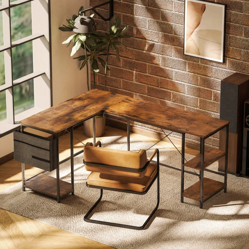 HOMCOM Bureau d'angle réversible, 168-240 cm, bureau d'ordinateur avec étagère réglable, support d'écran, brun rustique