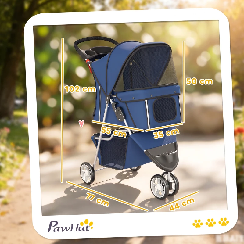 PawHut Carrinho Dobrável para Cães Pequenos até 10 kg com 3 Rodas, Capota, Cesta, Janelas em Rede e Porta-copos, Azul-Escuro
