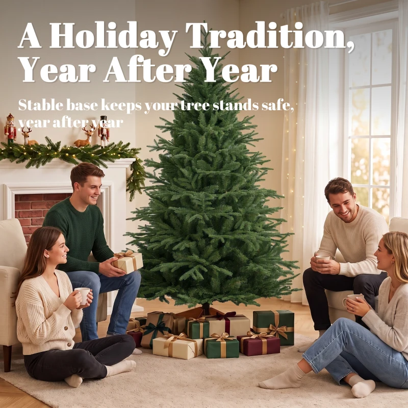 HOMCOM Sapin de Noël Artificiel 180 cm, Arbre de Noël, 2081 Branches Articulées en PE et PVC Ignifuge, Support en Bois Robuste