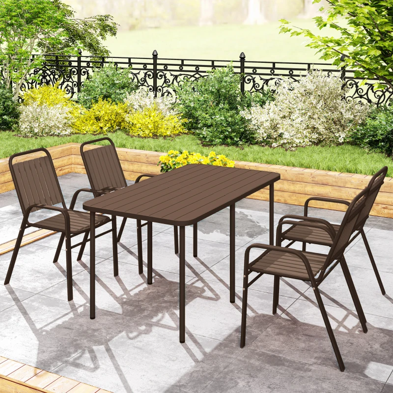 Outsunny Lot de 4 chaises de jardin chaises empilables d'extérieur haut dossier et accoudoirs cadre acier 56x66x91cm marron foncé