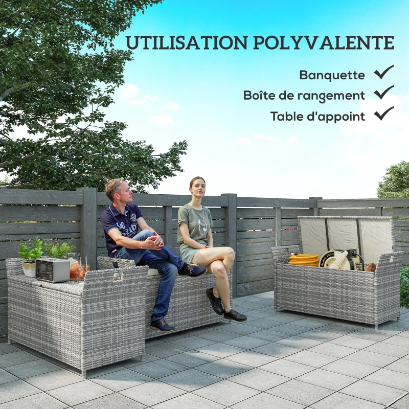 Outsunny Banc coffre de rangement extérieur en résine tressée 250L avec coussin amovible, pour jardin, balcon, blanc
