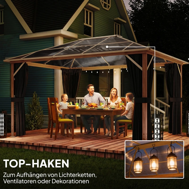 Outsunny Gartenpavillon ca. 4x3m Aluminium Pavillon mit Polycarbonat-Dach 6 mm Moskitonetz 4 Seitenteile Holzoptik Naturholz