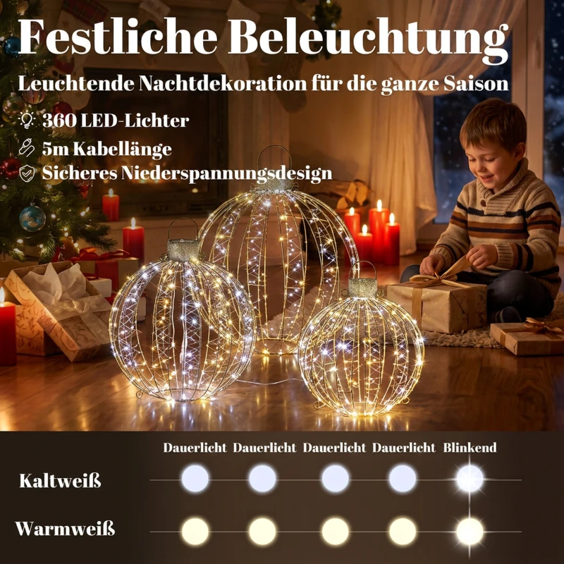 Outsunny 3-częściowy zestaw podświetlanych kul świątecznych na zewnątrz, 360 diod LED w ciepłej/zimnej bieli, światło ciągłe i migające, 24-godzinny timer