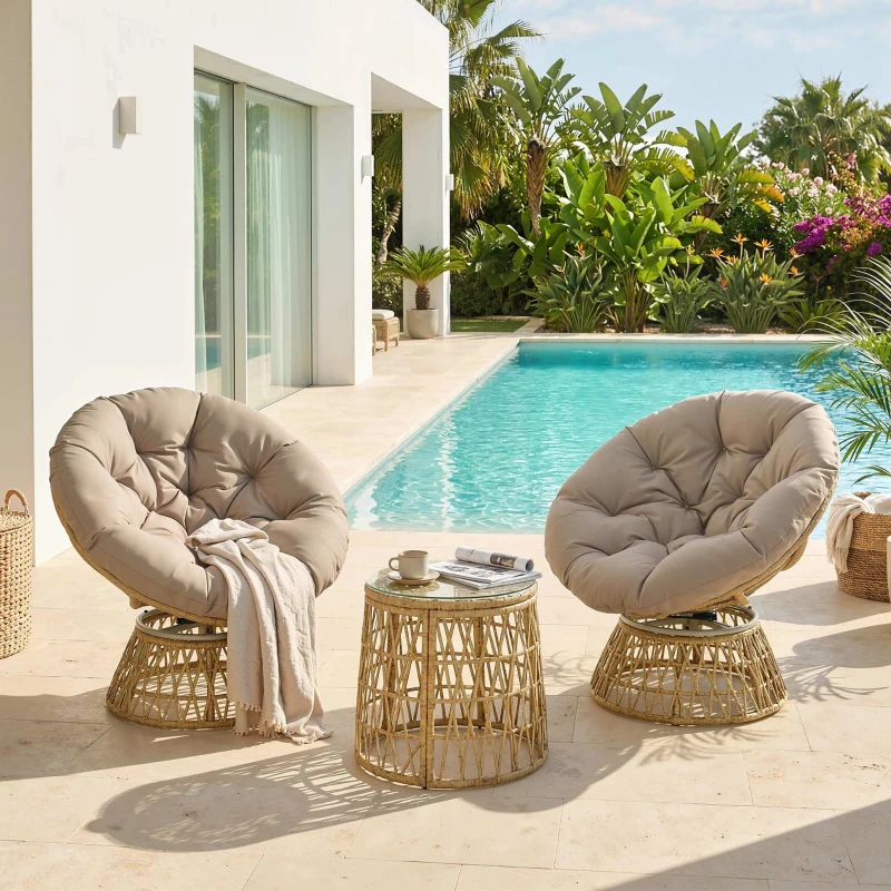 Outsunny Ensemble salon de jardin 3 pièces avec 2 fauteuils papasan pivotant et 1 tables basse ronde polyester résine tressée