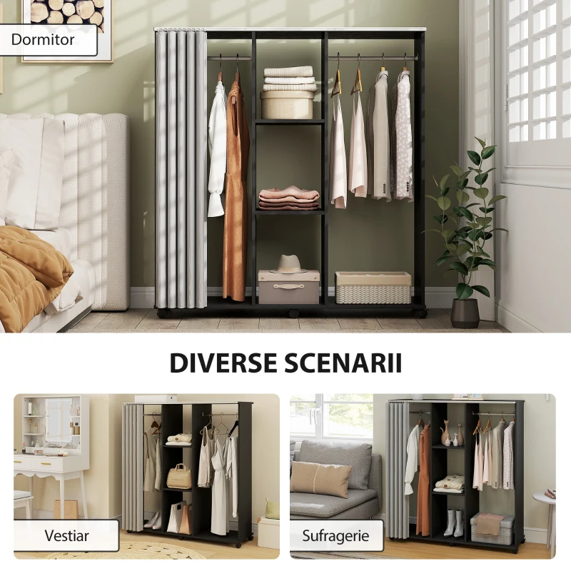 HOMCOM Dulap cu 5 Rafturi și 6 Roți, PAL, 120x40x128 cm, Gri și Negru