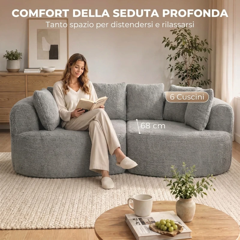 HOMCOM Divano 3 Posti Senza Struttura con 6 Cuscini in Ciniglia, 207x107x62 cm, Grigio Chiaro